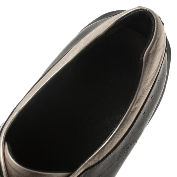 Pre Owned Gucci Gold and Black Leather and Suede Web Detail Sneakers Size 44.5