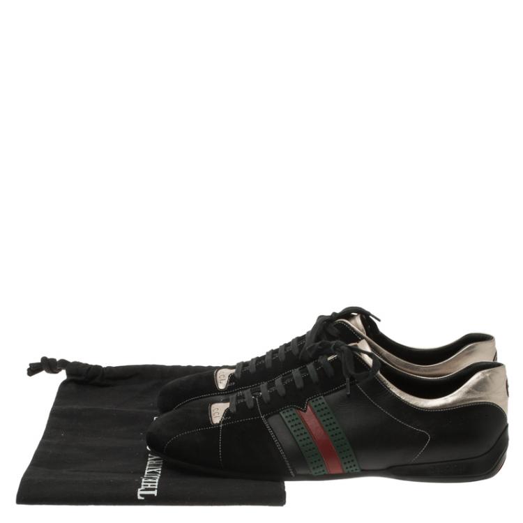 Pre Owned Gucci Gold and Black Leather and Suede Web Detail Sneakers Size 44.5