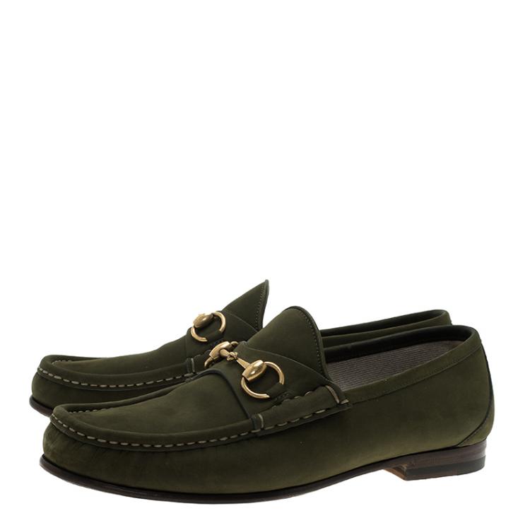 Pre Owned Gucci Green Nubuck Horsebit 1953 Loafers Size 39.5