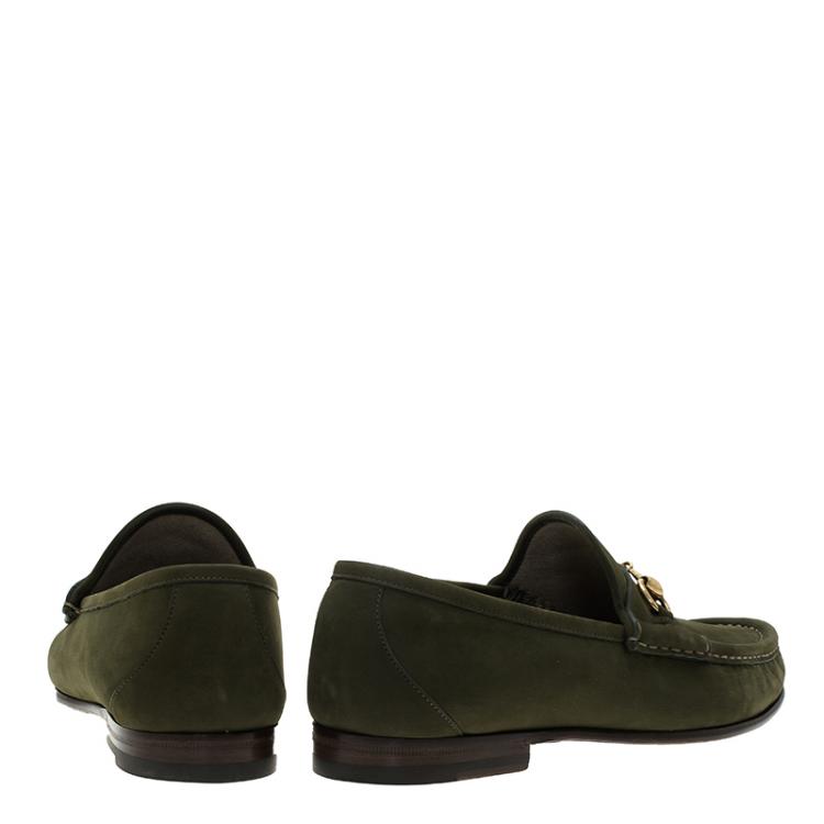 Pre Owned Gucci Green Nubuck Horsebit 1953 Loafers Size 39.5