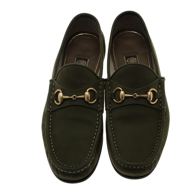 Pre Owned Gucci Green Nubuck Horsebit 1953 Loafers Size 39.5
