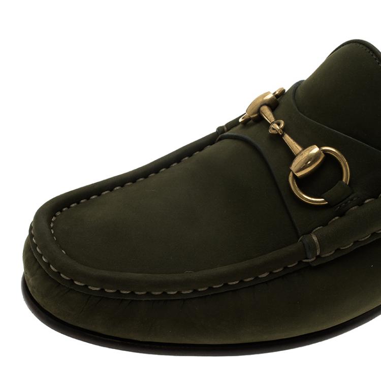 Pre Owned Gucci Green Nubuck Horsebit 1953 Loafers Size 39.5