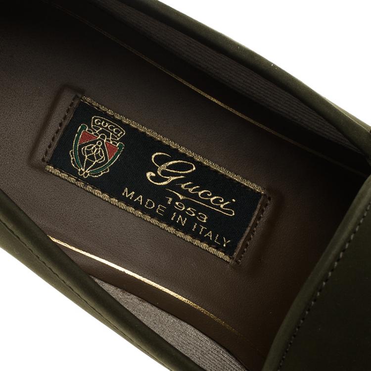 Pre Owned Gucci Green Nubuck Horsebit 1953 Loafers Size 39.5