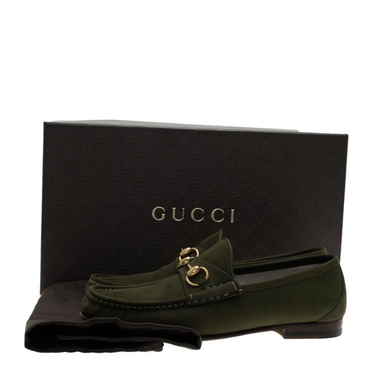 Pre Owned Gucci Green Nubuck Horsebit 1953 Loafers Size 39.5