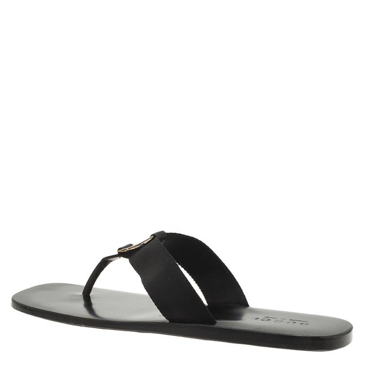 Pre Owned Gucci Black Leather and Webbing Interlocking GG Thong Sandals Size 42