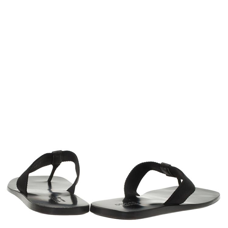 Pre Owned Gucci Black Leather and Webbing Interlocking GG Thong Sandals Size 42