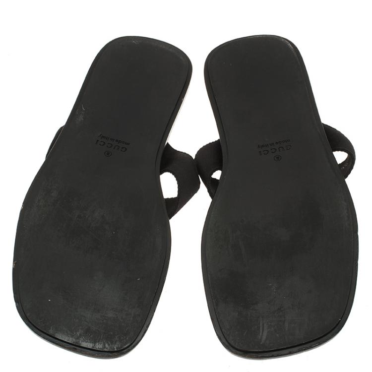Pre Owned Gucci Black Leather and Webbing Interlocking GG Thong Sandals Size 42