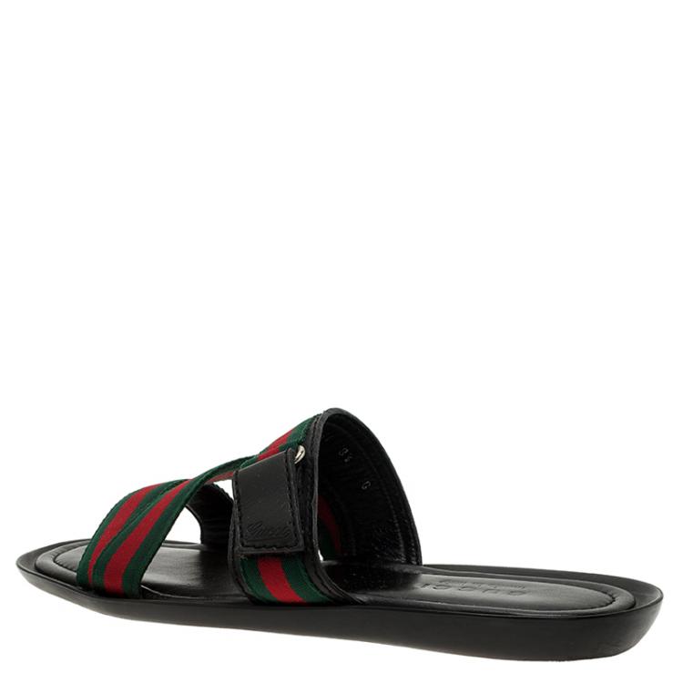 Pre Owned Gucci Web Detail and Leather Flat Sandals Size 42.5