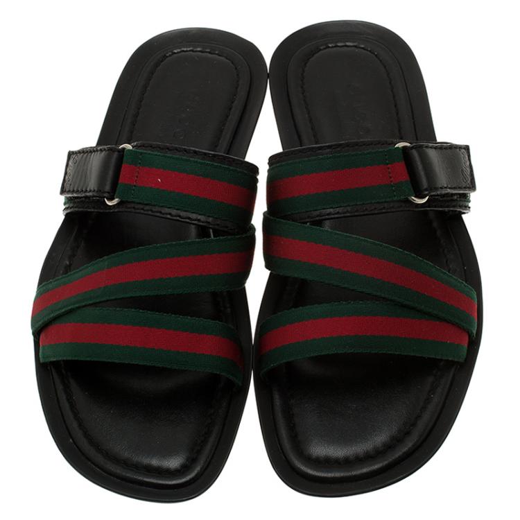 Pre Owned Gucci Web Detail and Leather Flat Sandals Size 42.5
