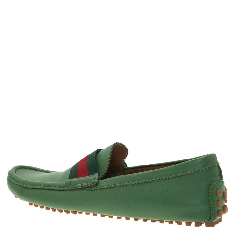 Pre Owned Gucci Green Leather Web Detail Loafers Size 43