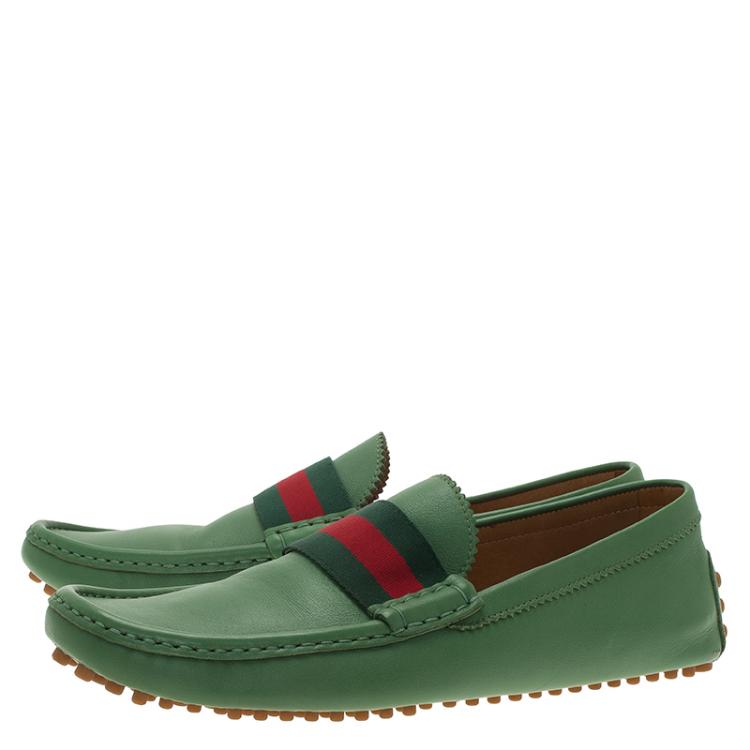 Pre Owned Gucci Green Leather Web Detail Loafers Size 43