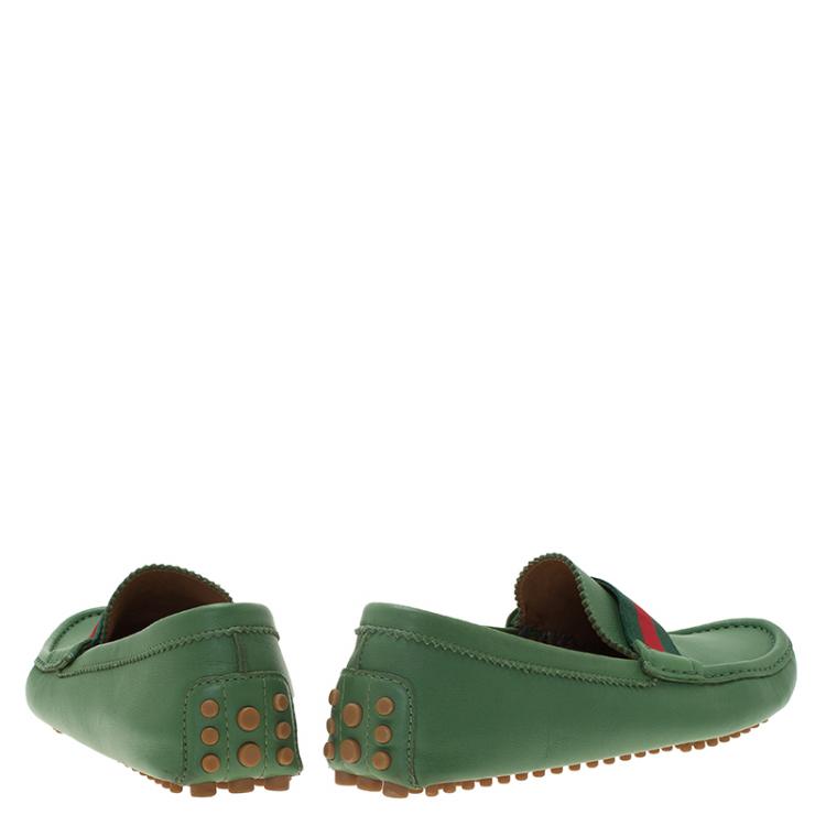 Pre Owned Gucci Green Leather Web Detail Loafers Size 43