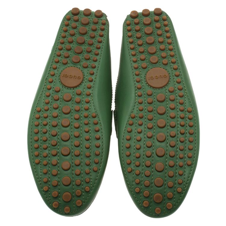 Pre Owned Gucci Green Leather Web Detail Loafers Size 43