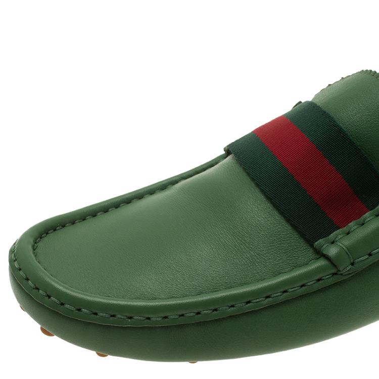 Pre Owned Gucci Green Leather Web Detail Loafers Size 43