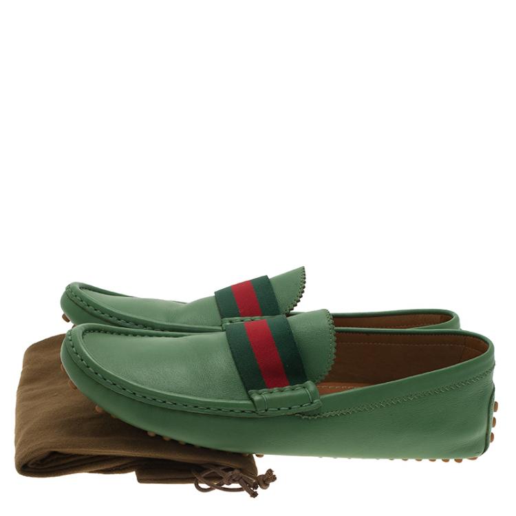Pre Owned Gucci Green Leather Web Detail Loafers Size 43