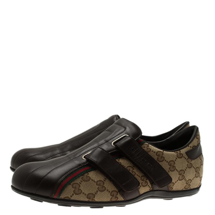 Pre Owned Gucci Brown Guccissima Canvas and Leather Velcro Sneakers Size 42.5