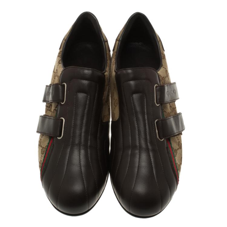 Pre Owned Gucci Brown Guccissima Canvas and Leather Velcro Sneakers Size 42.5