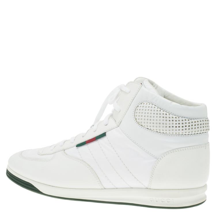 Pre Owned Gucci White Leather and Fabric  High Top Sneakers Size 44