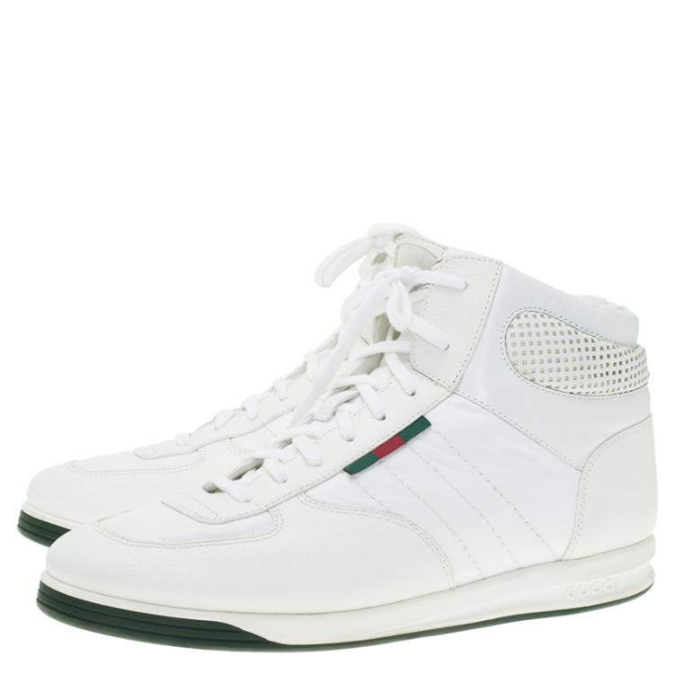 Pre Owned Gucci White Leather and Fabric  High Top Sneakers Size 44