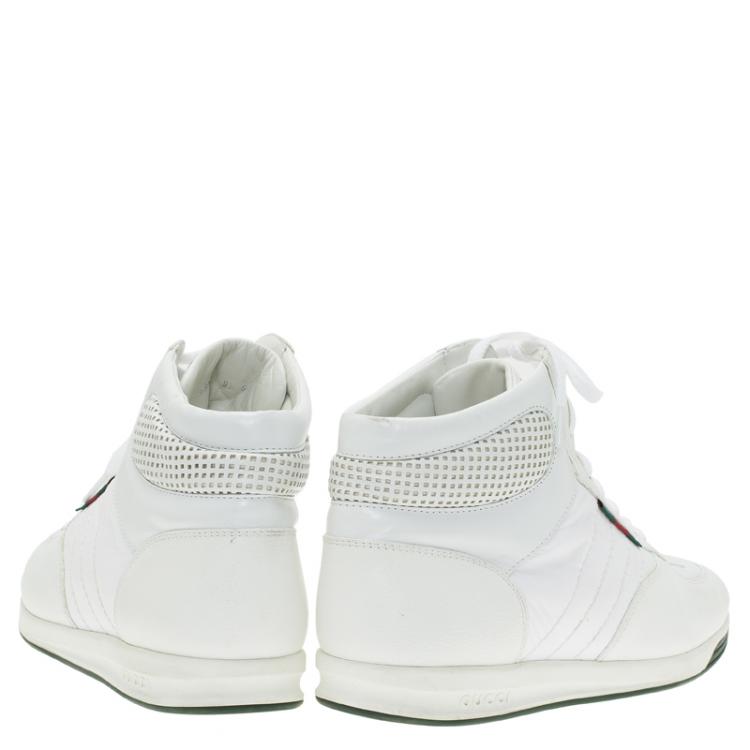 Pre Owned Gucci White Leather and Fabric  High Top Sneakers Size 44