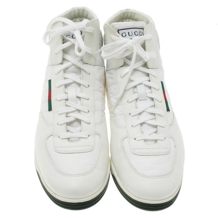 Pre Owned Gucci White Leather and Fabric  High Top Sneakers Size 44