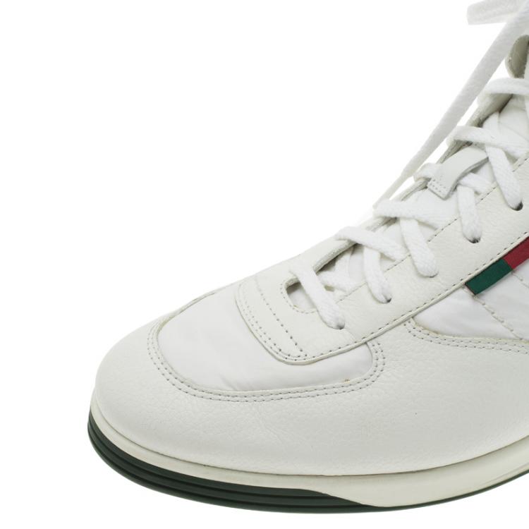 Pre Owned Gucci White Leather and Fabric  High Top Sneakers Size 44