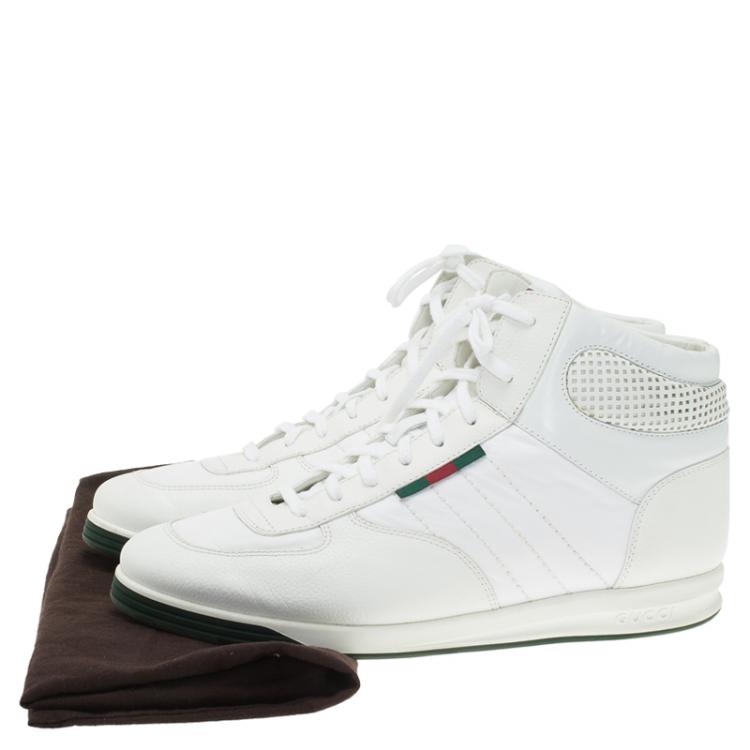 Pre Owned Gucci White Leather and Fabric  High Top Sneakers Size 44