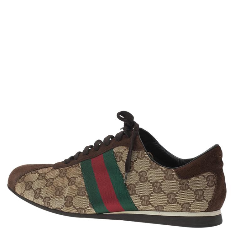 Pre Owned Gucci Beige Canvas and Suede Guccisima Web Detail Sneakers Size 43.5