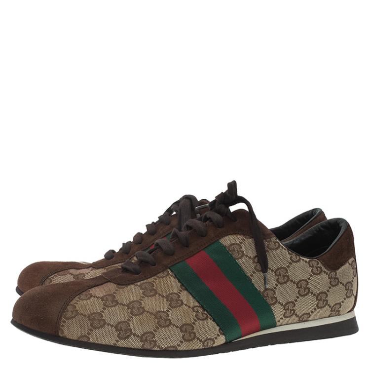 Pre Owned Gucci Beige Canvas and Suede Guccisima Web Detail Sneakers Size 43.5
