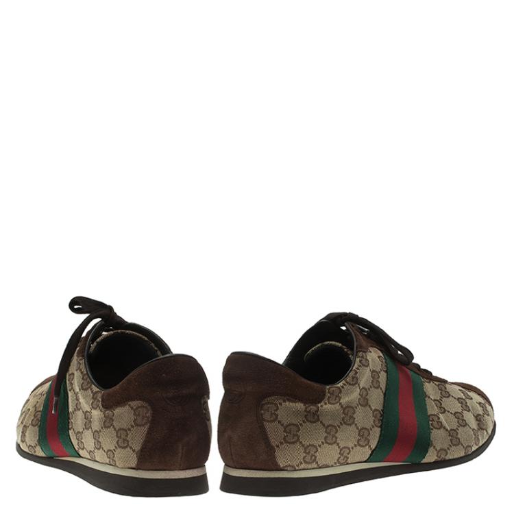 Pre Owned Gucci Beige Canvas and Suede Guccisima Web Detail Sneakers Size 43.5