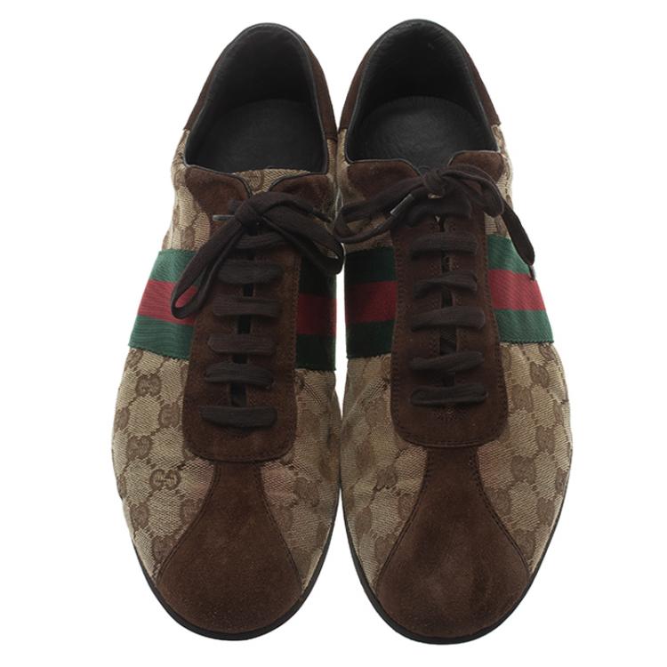 Pre Owned Gucci Beige Canvas and Suede Guccisima Web Detail Sneakers Size 43.5
