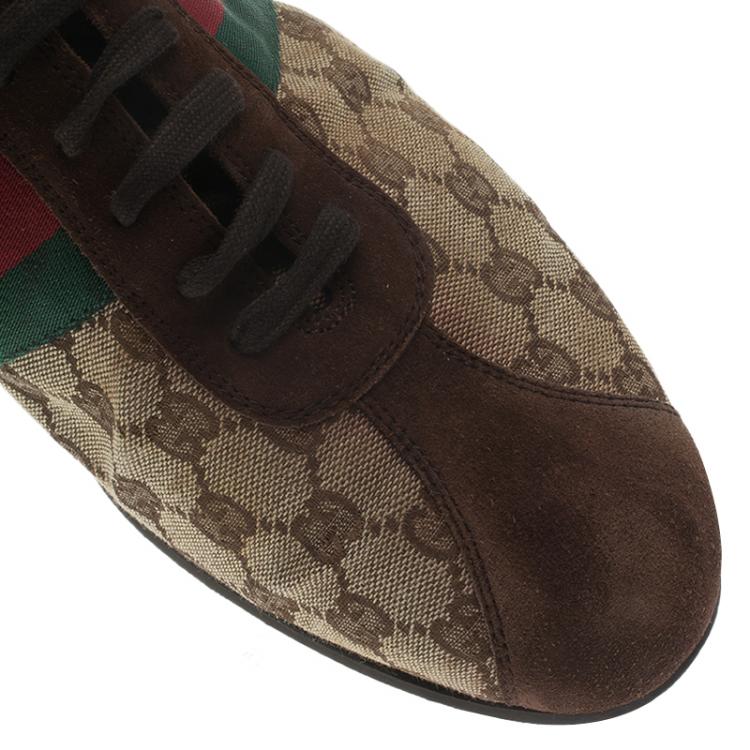 Pre Owned Gucci Beige Canvas and Suede Guccisima Web Detail Sneakers Size 43.5