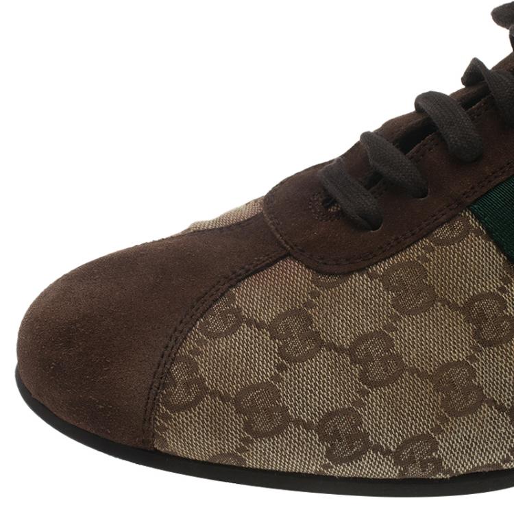 Pre Owned Gucci Beige Canvas and Suede Guccisima Web Detail Sneakers Size 43.5