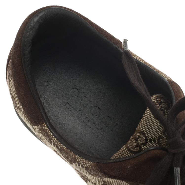 Pre Owned Gucci Beige Canvas and Suede Guccisima Web Detail Sneakers Size 43.5