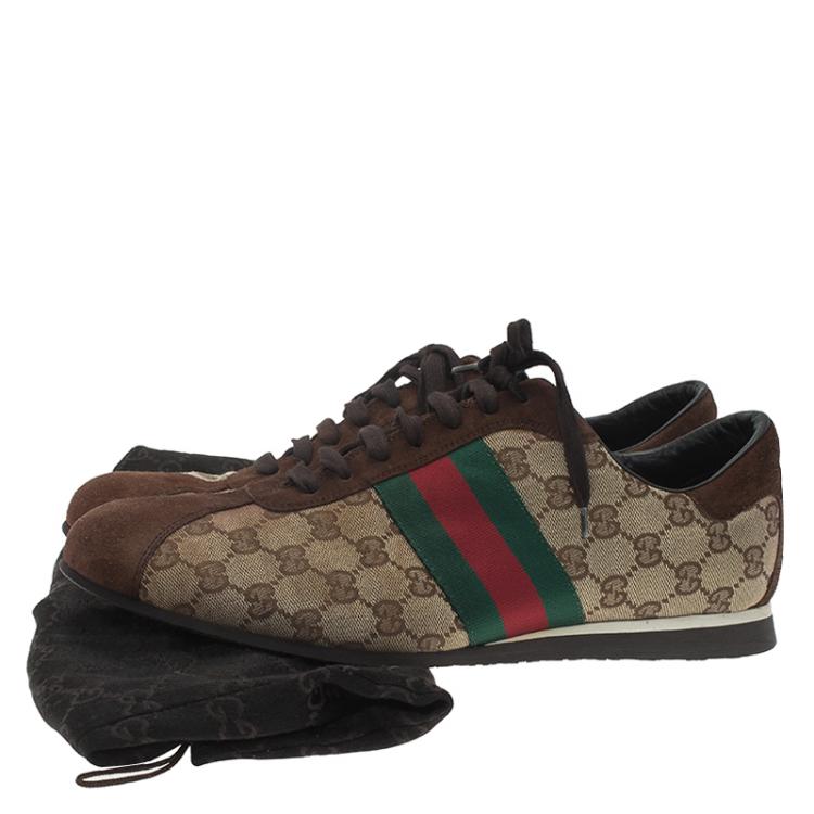 Pre Owned Gucci Beige Canvas and Suede Guccisima Web Detail Sneakers Size 43.5
