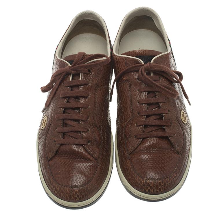 Pre Owned Gucci Brown Python Web Detail Sneakers Size 44