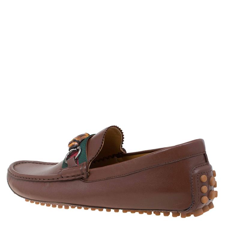 Pre Owned Gucci Brown Leather Bamboo Horsebit Web Detail Loafers Size 42