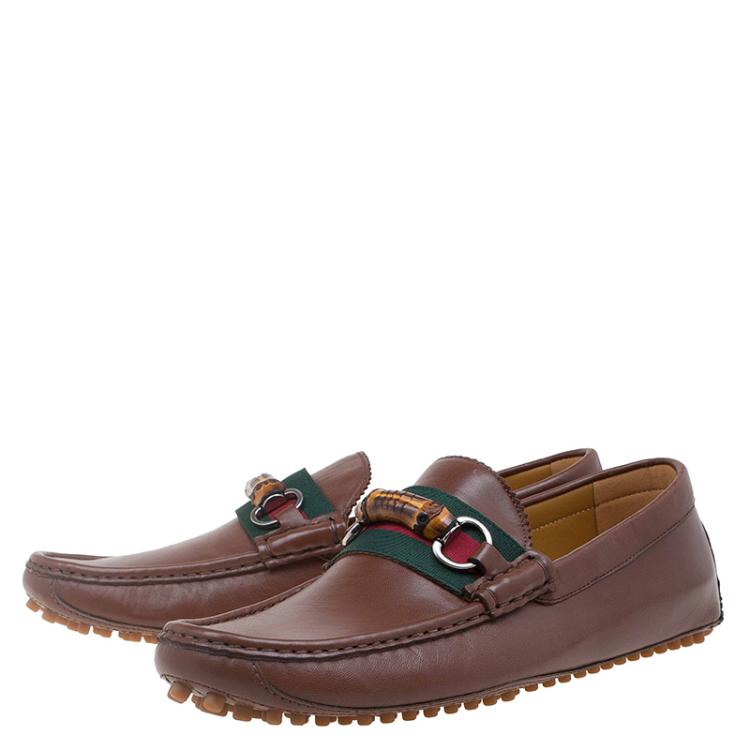 Pre Owned Gucci Brown Leather Bamboo Horsebit Web Detail Loafers Size 42
