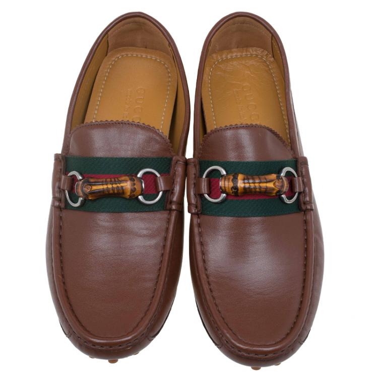 Pre Owned Gucci Brown Leather Bamboo Horsebit Web Detail Loafers Size 42