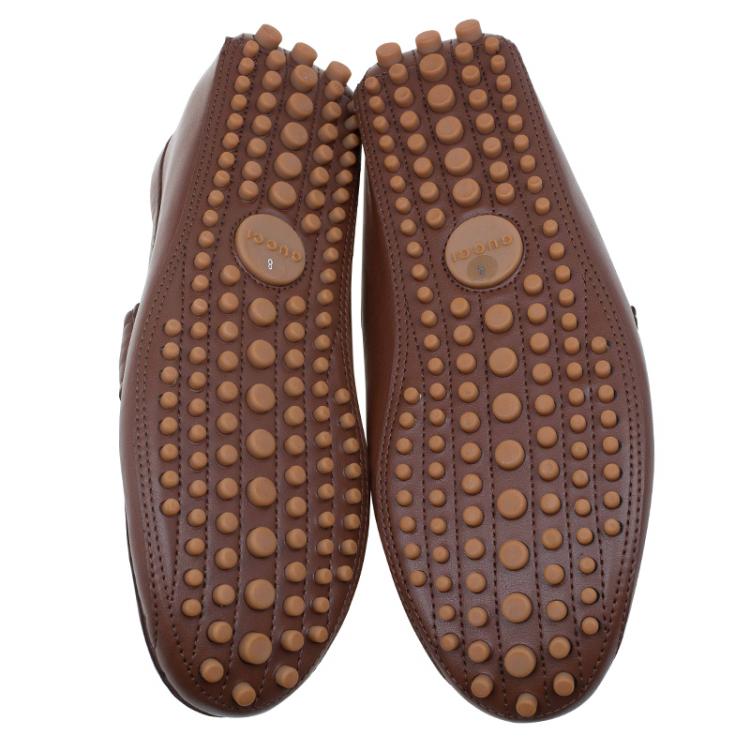 Pre Owned Gucci Brown Leather Bamboo Horsebit Web Detail Loafers Size 42