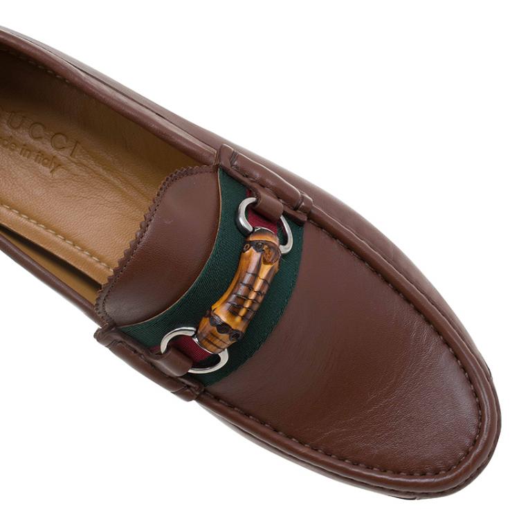 Pre Owned Gucci Brown Leather Bamboo Horsebit Web Detail Loafers Size 42