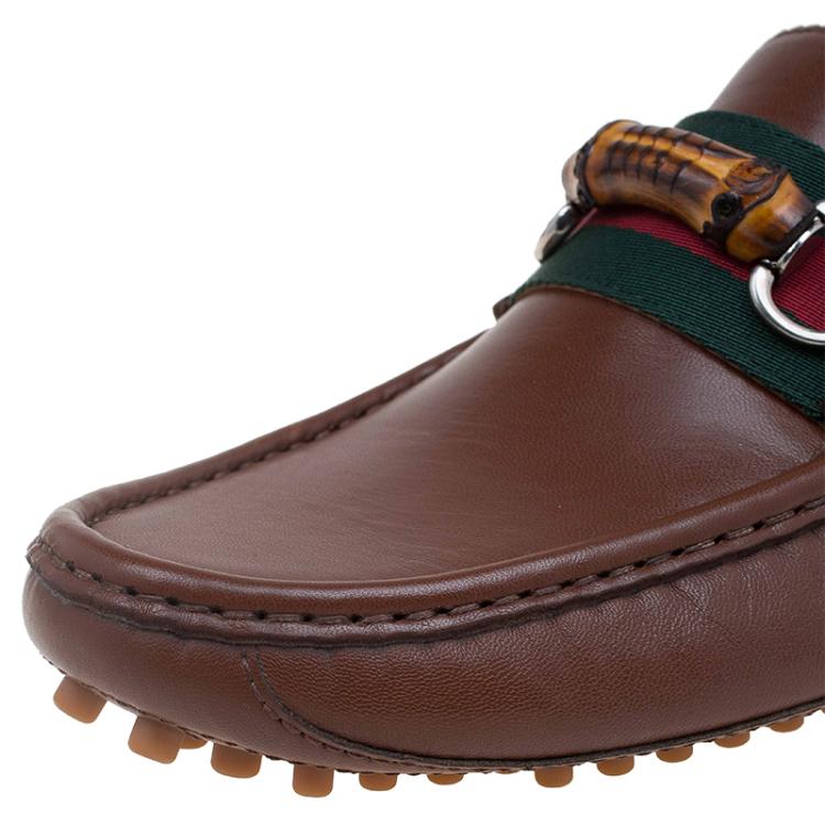 Pre Owned Gucci Brown Leather Bamboo Horsebit Web Detail Loafers Size 42