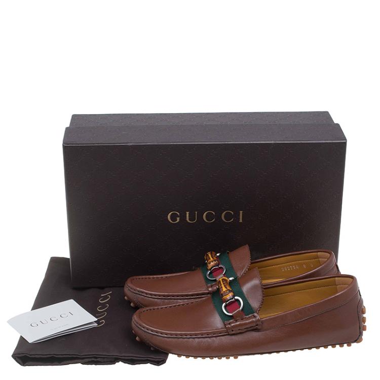 Pre Owned Gucci Brown Leather Bamboo Horsebit Web Detail Loafers Size 42