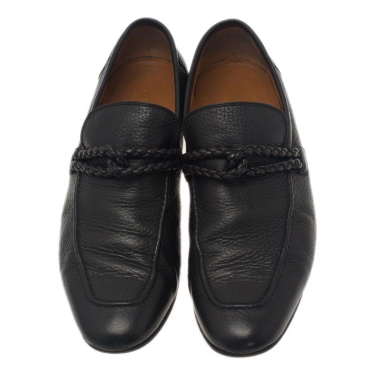 Pre Owned Gucci Black Leather Braided Strap Loafers Size 43