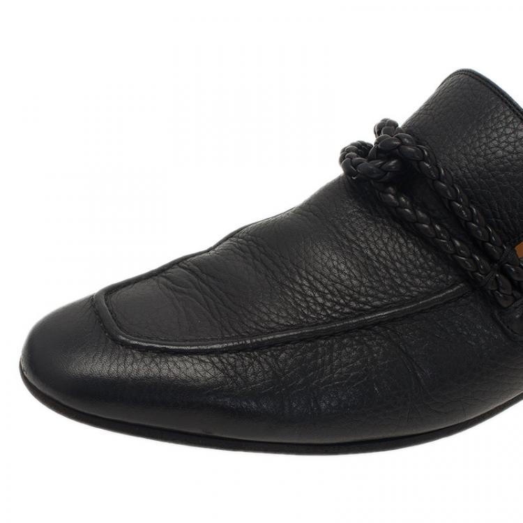 Pre Owned Gucci Black Leather Braided Strap Loafers Size 43
