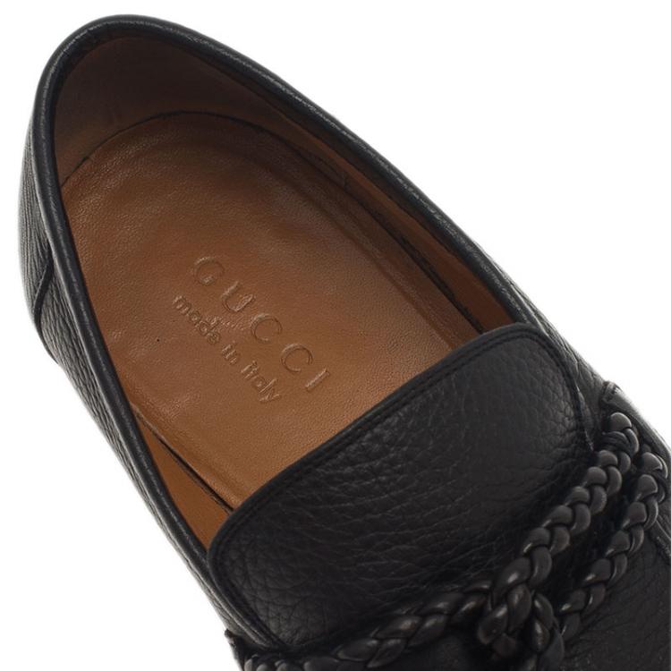 Pre Owned Gucci Black Leather Braided Strap Loafers Size 43
