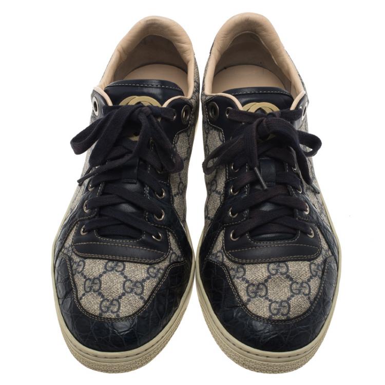 Pre Owned Gucci Blue GG Supreme Canvas and Crocodile Trim Sneakers Size 44