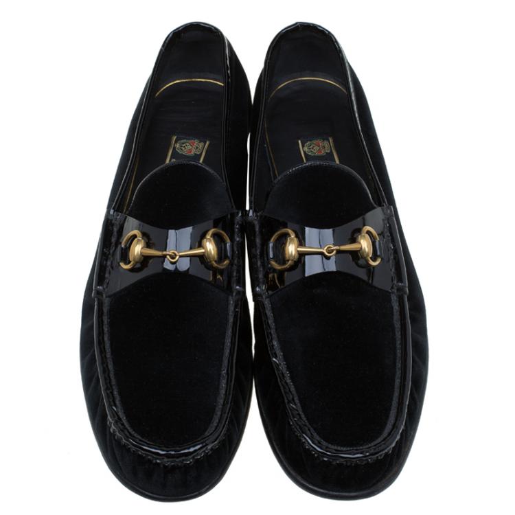 Pre Owned Gucci Black Velvet and Patent 1953 Horsebit Loafers Size 44.5