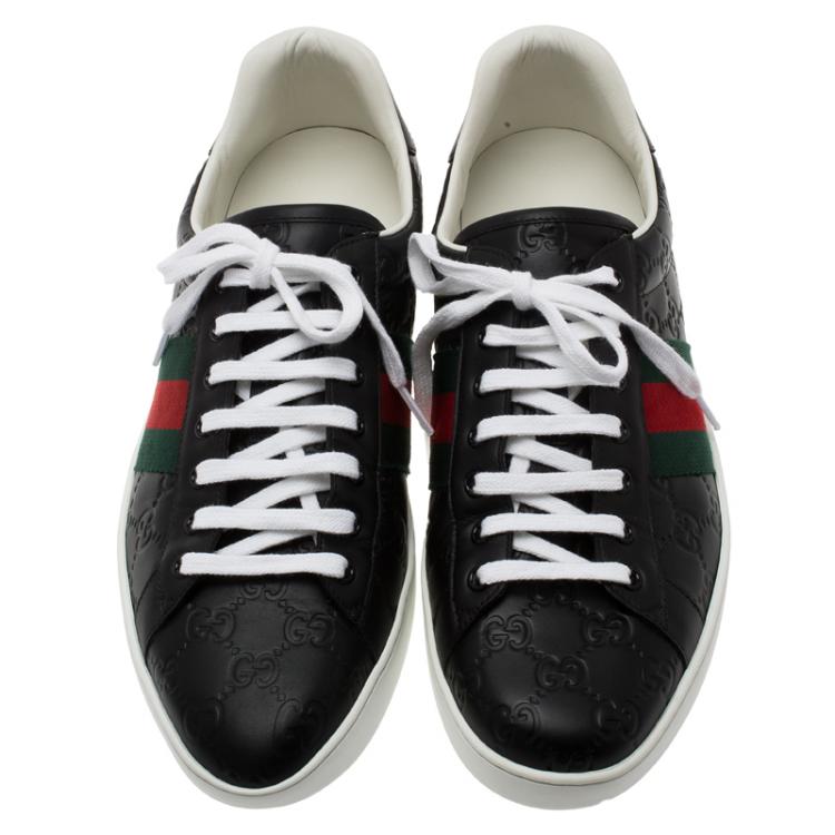 Pre Owned Gucci Black Guccissima Leather Web Detail Ace Sneakers Size 45.5