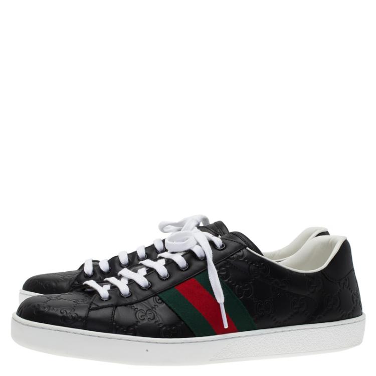 Pre Owned Gucci Black Guccissima Leather Web Detail Ace Sneakers Size 45.5